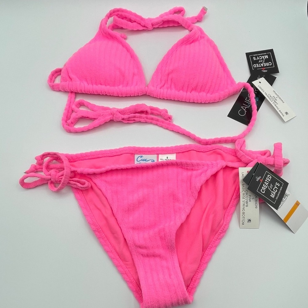 California Waves Womens Neon Pink Terry Triangle String Bikini Set NEW Smal
